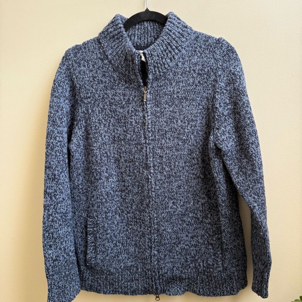 L.L. Bean blue lambswool full zip cardigan sweater pockets Size Large